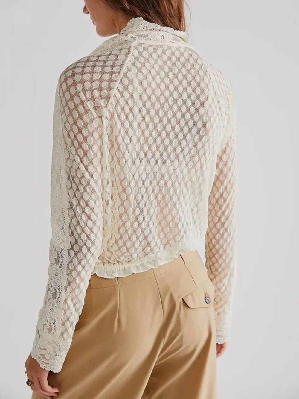Free People Ivory Lace Polka Dot Sheer Long Sleeve Boho Blouse
